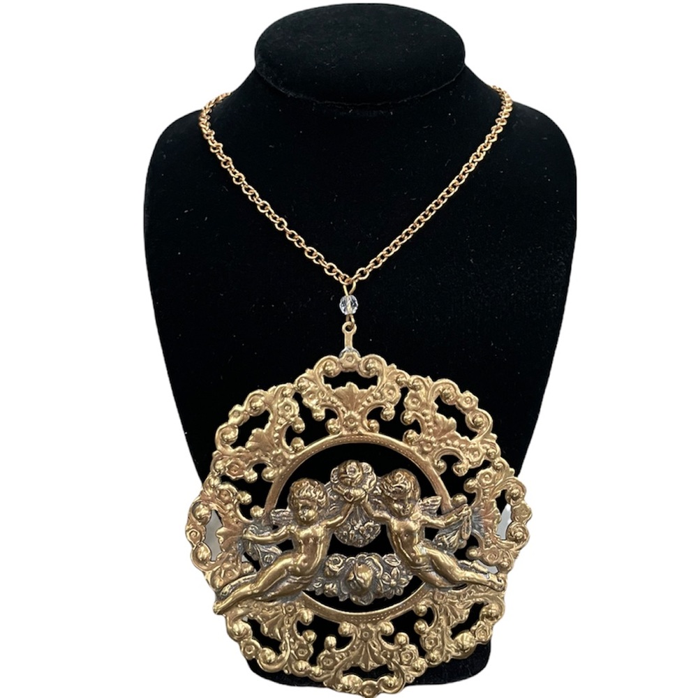 Victorian Statement Necklace Vintage Floral Cherub Angel Fleur De Lis Pendant